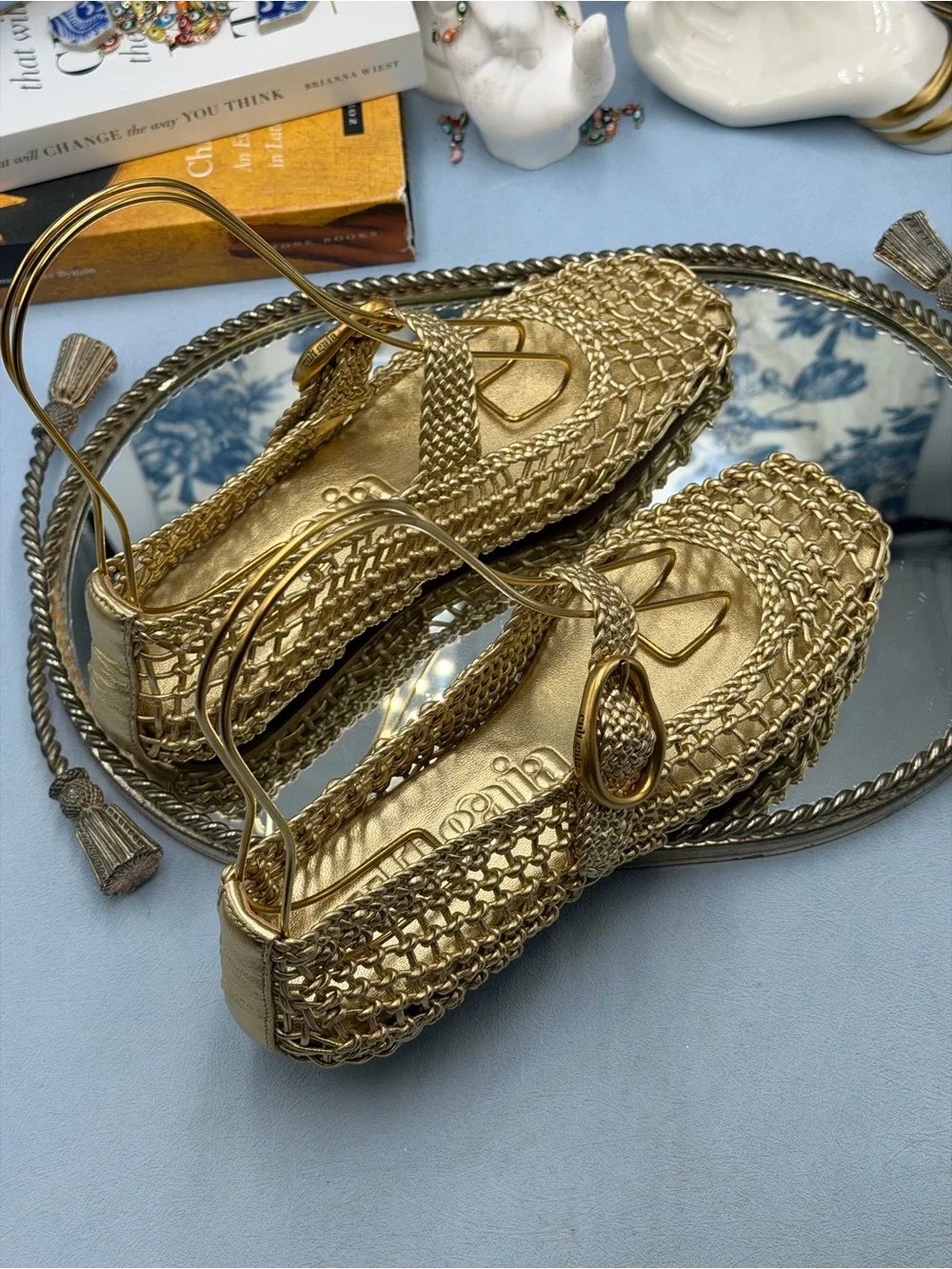 🆕 CULT GAIA 🧿 NWOB Gina Woven Leather Mary Jane Flats, Gold - Sz 37.5 US 7.5